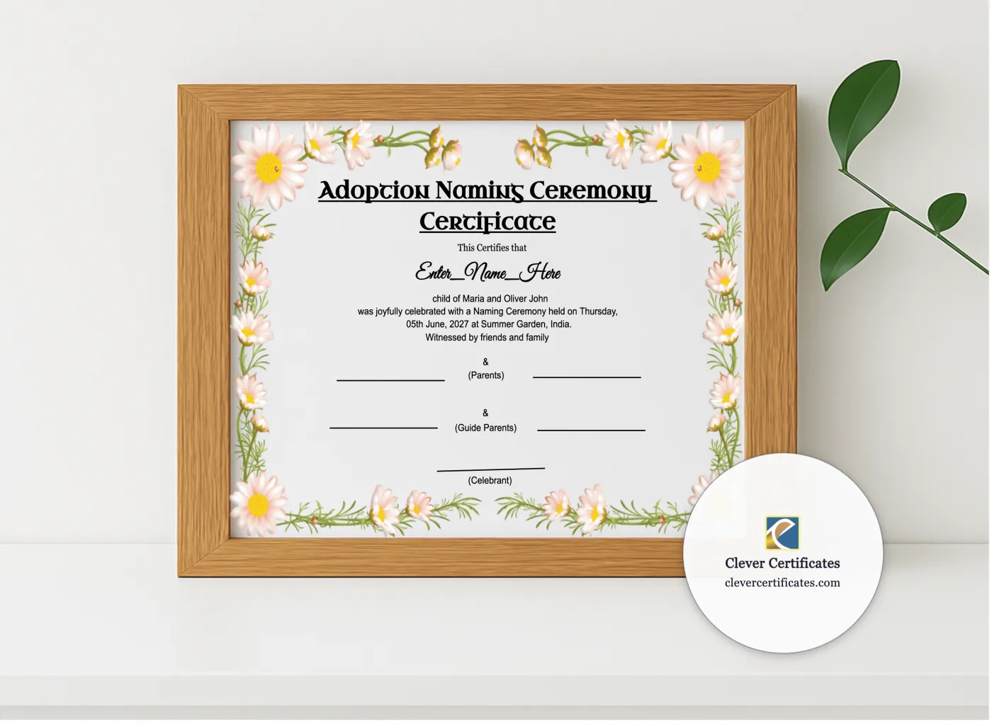Realistic mockup featuring Adoption Naming Ceremony Certificate displayed within a modern frame, set against a minimalistic background.