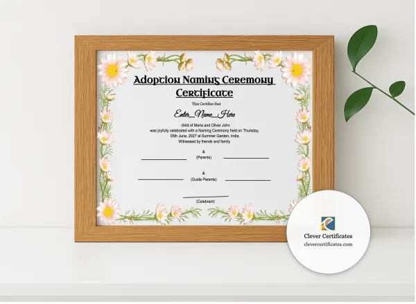 Realistic mockup featuring Adoption Naming Ceremony Certificate displayed within a modern frame, set against a minimalistic background.