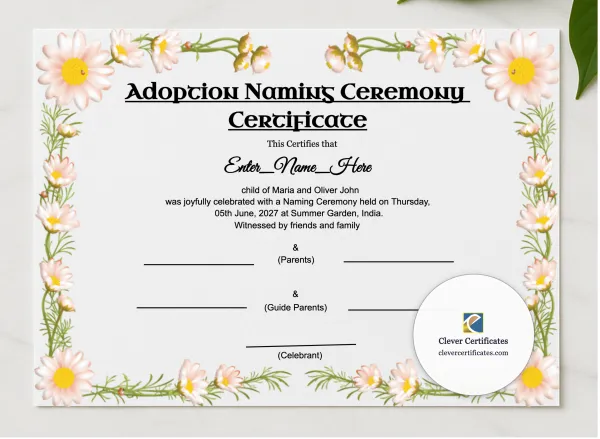 Adoption Naming Ceremony Certificate presented in a sleek wooden frame, elegantly arranged on a stylish table.