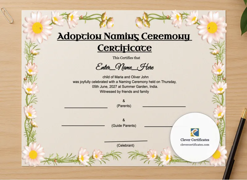Professional preview of Adoption Naming Ceremony Certificate certificate on high-quality stationery paper, ideal for showcasing the final look.