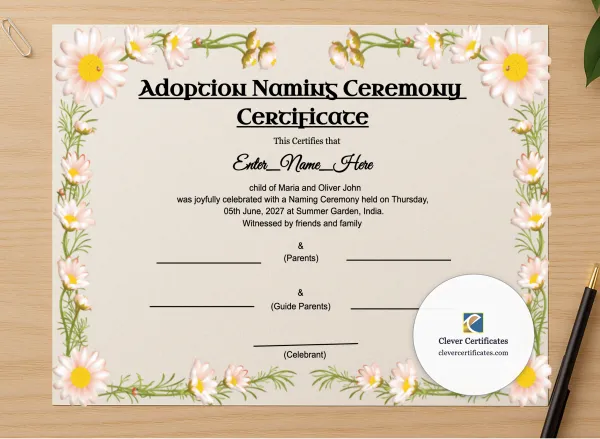 Professional preview of Adoption Naming Ceremony Certificate certificate on high-quality stationery paper, ideal for showcasing the final look.
