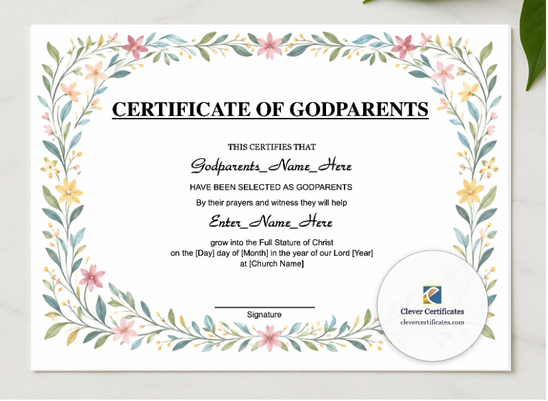 Guideparent Or Godparent Appointment Certificate presented in a sleek wooden frame, elegantly arranged on a stylish table.