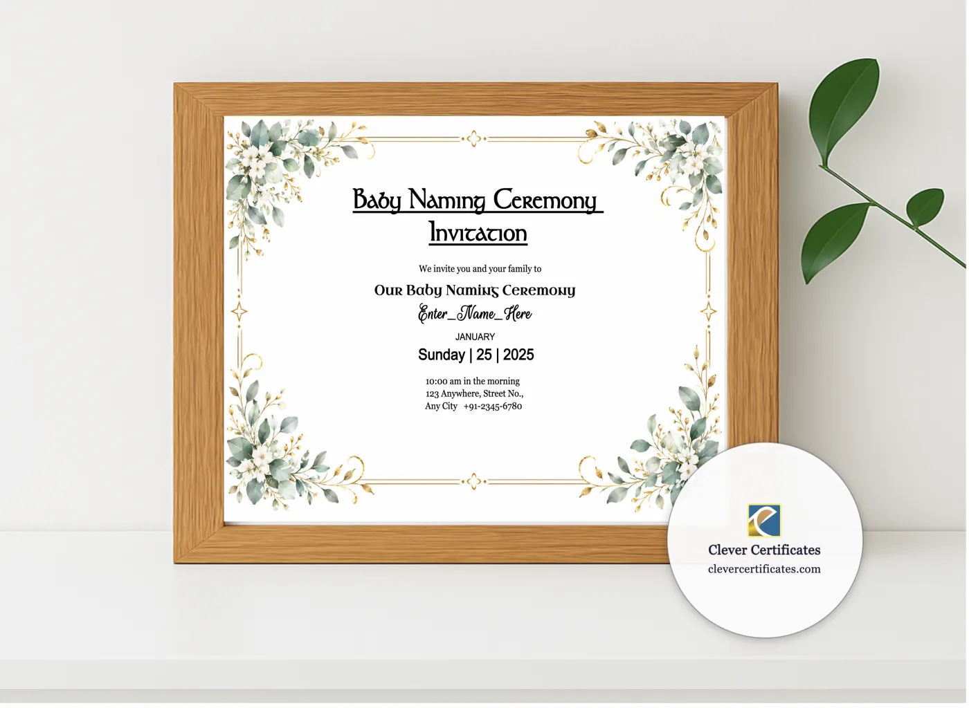Realistic mockup featuring Baby Naming Ceremony Invitation displayed within a modern frame, set against a minimalistic background.