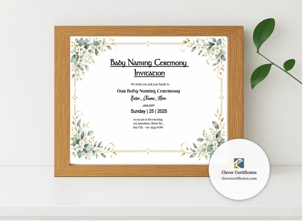 Realistic mockup featuring Baby Naming Ceremony Invitation displayed within a modern frame, set against a minimalistic background.