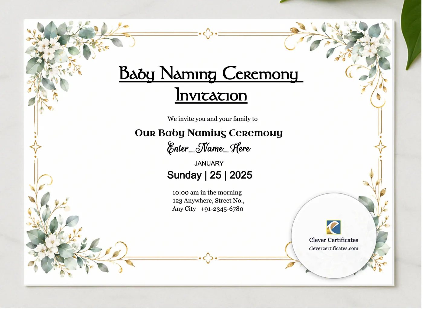 Baby Naming Ceremony Invitation presented in a sleek wooden frame, elegantly arranged on a stylish table.