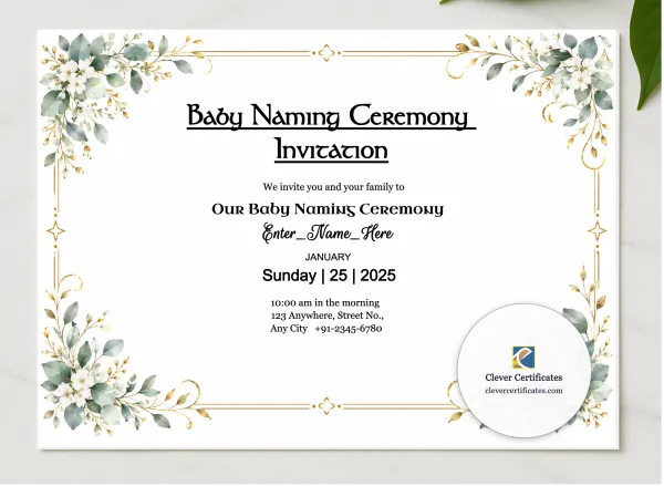 Baby Naming Ceremony Invitation presented in a sleek wooden frame, elegantly arranged on a stylish table.