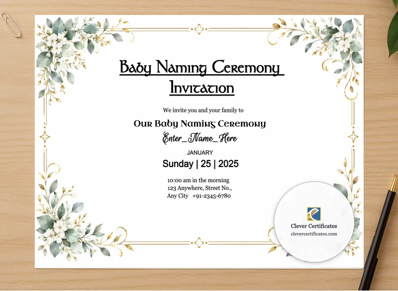Professional preview of Baby Naming Ceremony Invitation certificate on high-quality stationery paper, ideal for showcasing the final look.