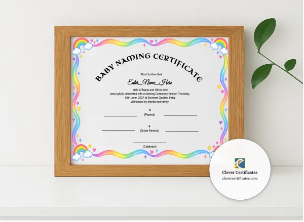 Realistic mockup featuring Rainbow Baby Naming Certificate displayed within a modern frame, set against a minimalistic background.