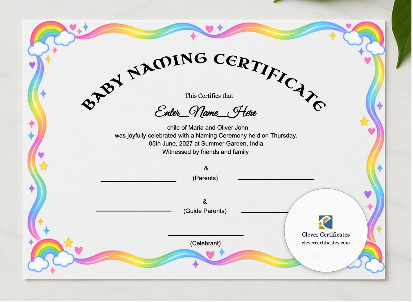 Rainbow Baby Naming Certificate presented in a sleek wooden frame, elegantly arranged on a stylish table.