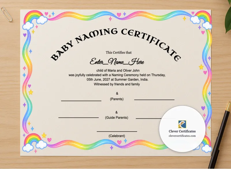 Professional preview of Rainbow Baby Naming Certificate certificate on high-quality stationery paper, ideal for showcasing the final look.