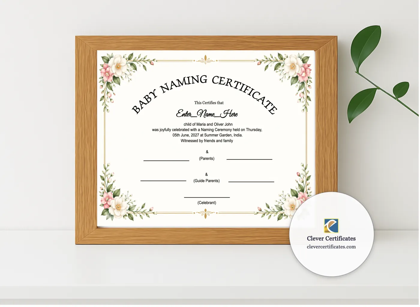 Realistic mockup featuring Virtual Or Online Baby Naming Ceremony Certificate displayed within a modern frame, set against a minimalistic background.