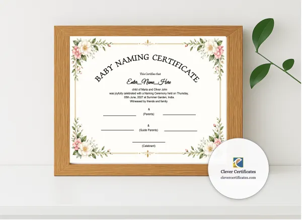 Realistic mockup featuring Virtual Or Online Baby Naming Ceremony Certificate displayed within a modern frame, set against a minimalistic background.