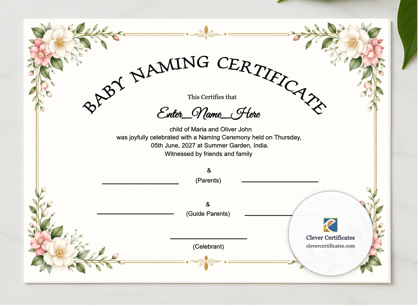 Virtual Or Online Baby Naming Ceremony Certificate presented in a sleek wooden frame, elegantly arranged on a stylish table.