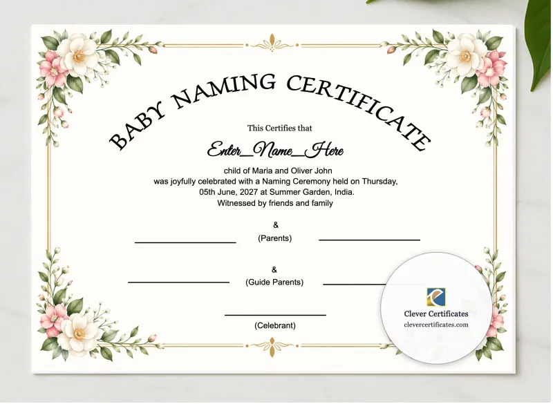 Virtual Or Online Baby Naming Ceremony Certificate presented in a sleek wooden frame, elegantly arranged on a stylish table.