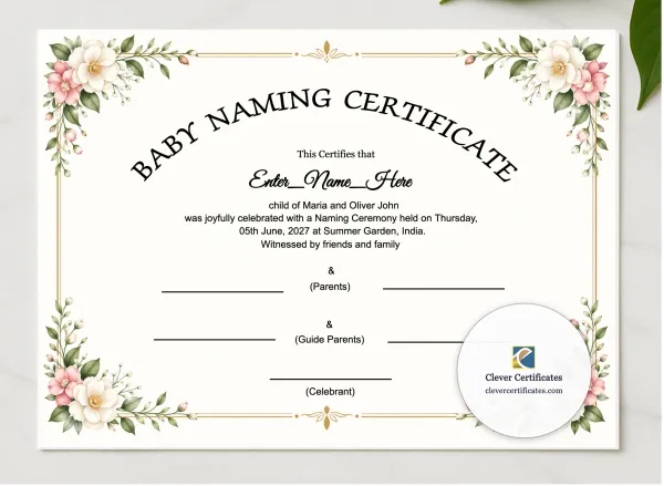 Virtual Or Online Baby Naming Ceremony Certificate presented in a sleek wooden frame, elegantly arranged on a stylish table.