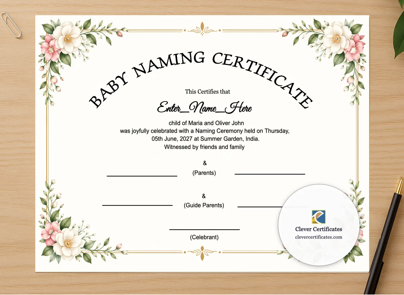 Professional preview of Virtual Or Online Baby Naming Ceremony Certificate certificate on high-quality stationery paper, ideal for showcasing the final look.