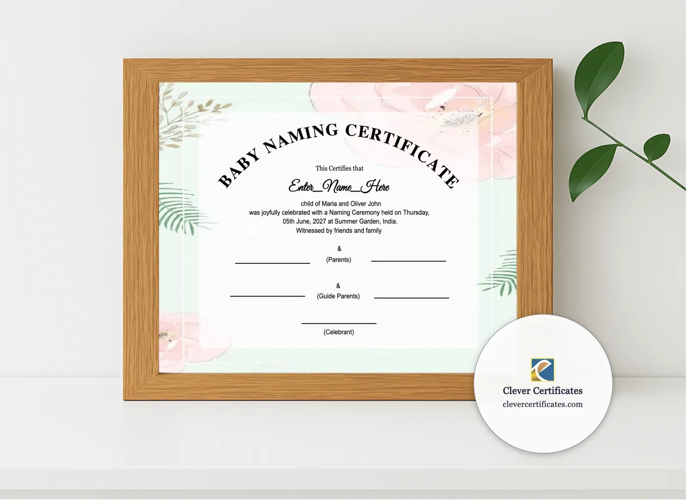 Realistic mockup featuring Blended Family Baby Naming Certificate displayed within a modern frame, set against a minimalistic background.