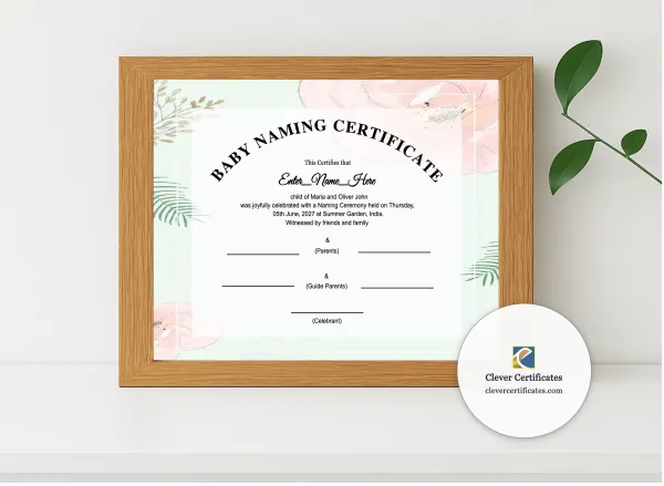 Realistic mockup featuring Blended Family Baby Naming Certificate displayed within a modern frame, set against a minimalistic background.