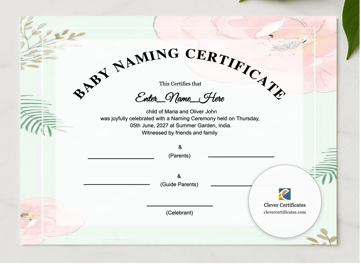 Blended Family Baby Naming Certificate presented in a sleek wooden frame, elegantly arranged on a stylish table.