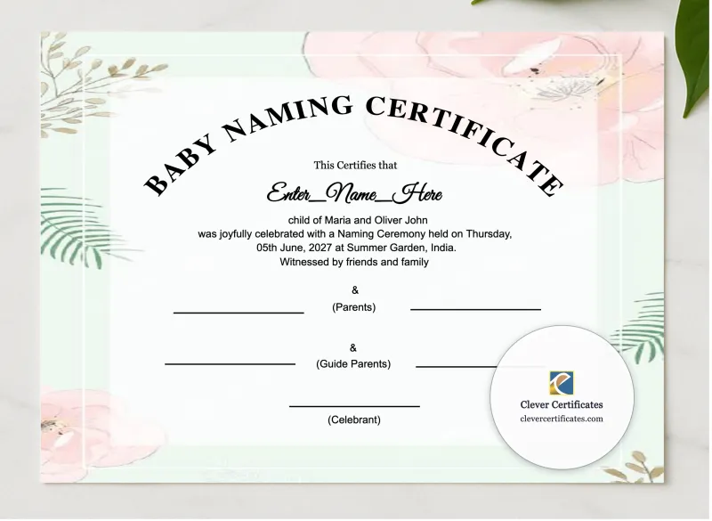 Blended Family Baby Naming Certificate presented in a sleek wooden frame, elegantly arranged on a stylish table.