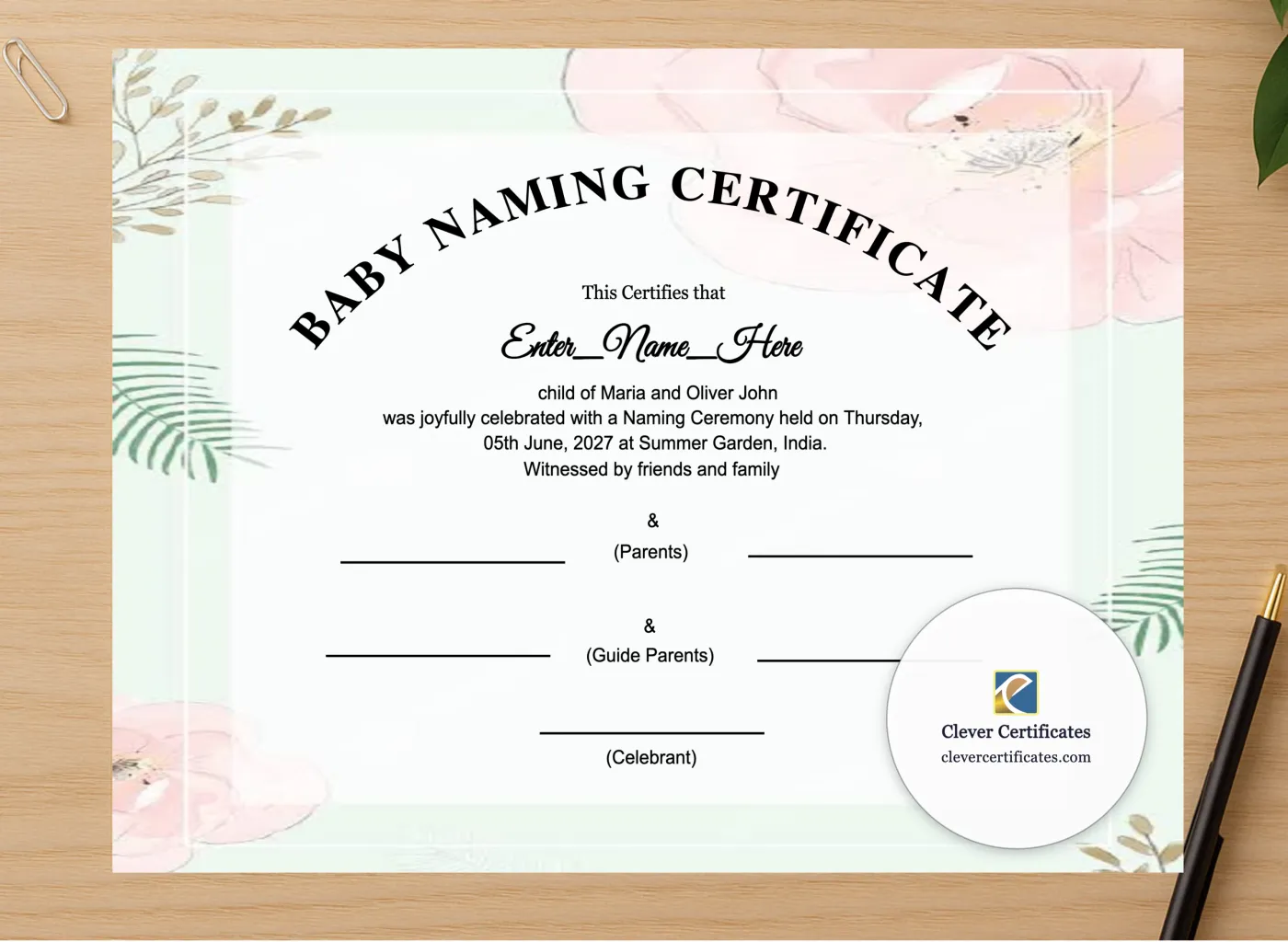 Professional preview of Blended Family Baby Naming Certificate certificate on high-quality stationery paper, ideal for showcasing the final look.