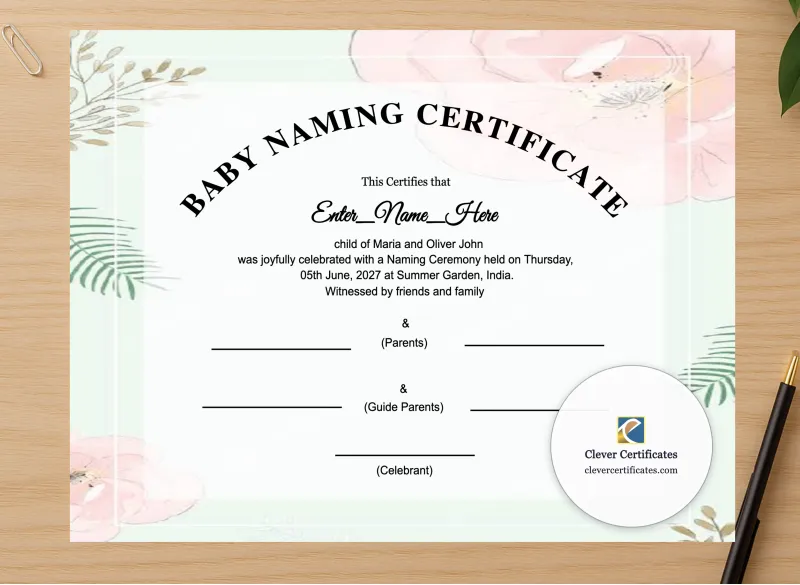Professional preview of Blended Family Baby Naming Certificate certificate on high-quality stationery paper, ideal for showcasing the final look.