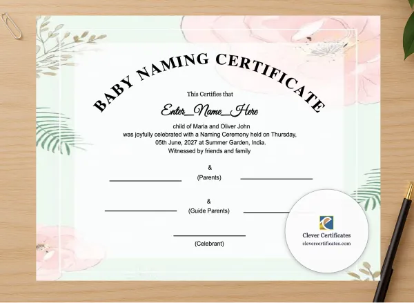 Professional preview of Blended Family Baby Naming Certificate certificate on high-quality stationery paper, ideal for showcasing the final look.