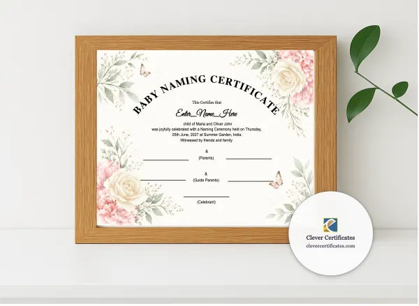 Realistic mockup featuring Floral Baby Naming Certificate displayed within a modern frame, set against a minimalistic background.
