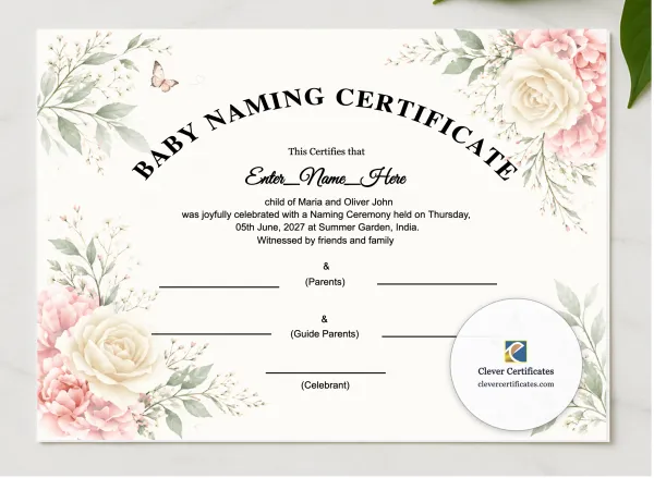 Floral Baby Naming Certificate presented in a sleek wooden frame, elegantly arranged on a stylish table.