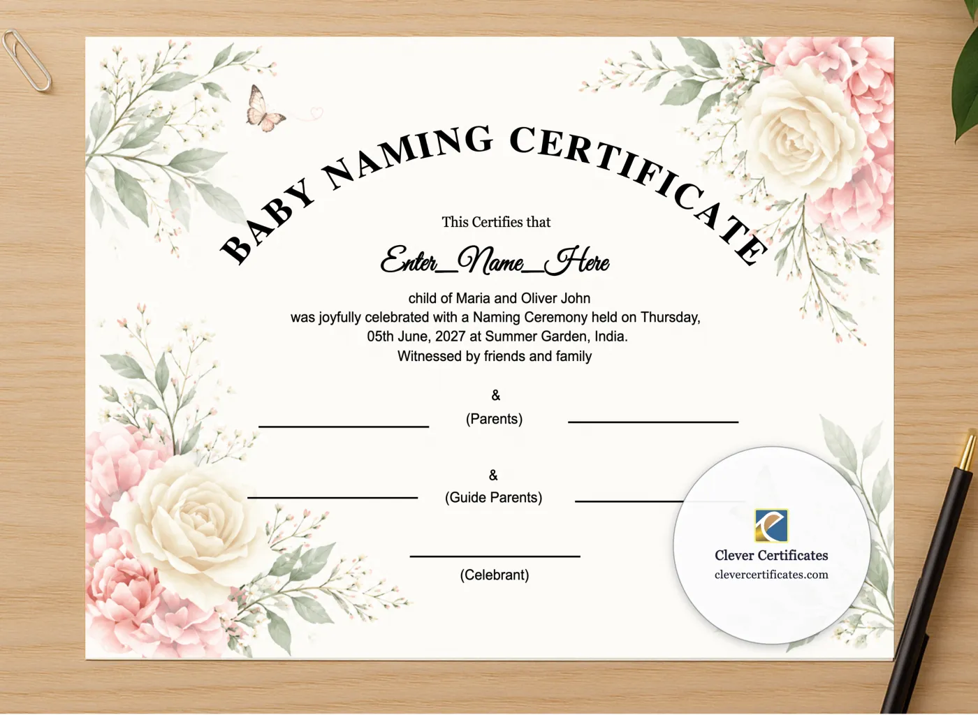 Professional preview of Floral Baby Naming Certificate certificate on high-quality stationery paper, ideal for showcasing the final look.