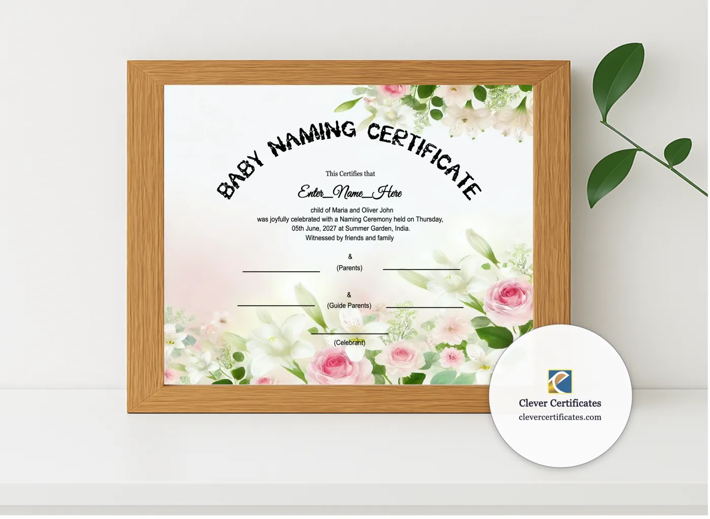 Realistic mockup featuring Keepsake Frame Ready Baby Naming Certificate displayed within a modern frame, set against a minimalistic background.