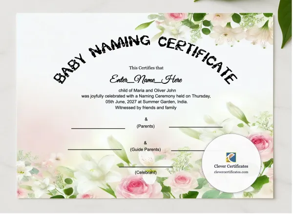 Keepsake Frame Ready Baby Naming Certificate presented in a sleek wooden frame, elegantly arranged on a stylish table.
