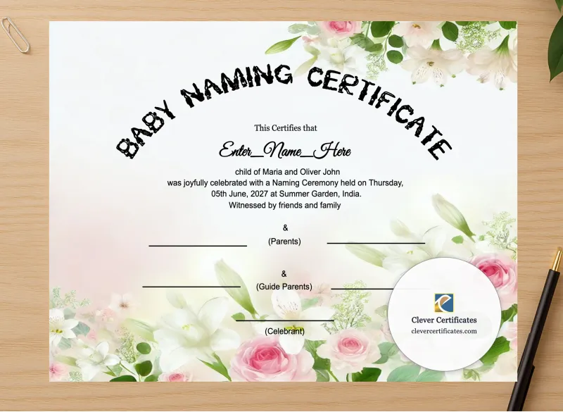 Professional preview of Keepsake Frame Ready Baby Naming Certificate certificate on high-quality stationery paper, ideal for showcasing the final look.