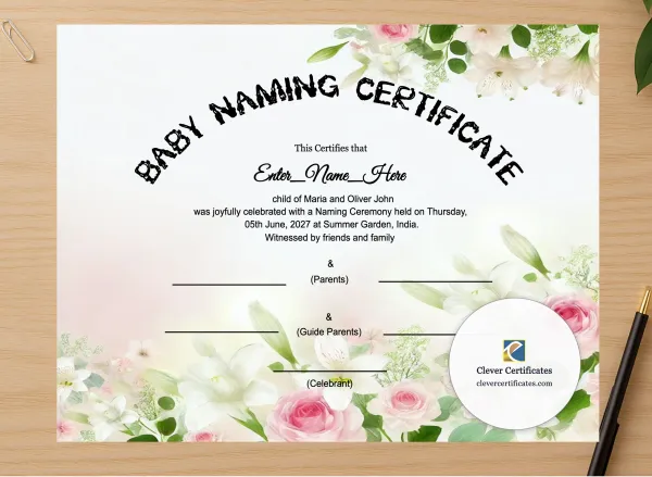 Professional preview of Keepsake Frame Ready Baby Naming Certificate certificate on high-quality stationery paper, ideal for showcasing the final look.