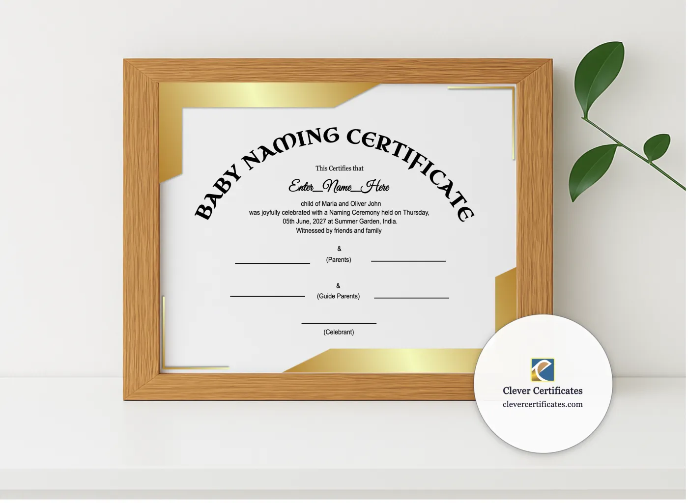 Realistic mockup featuring Modern Minimalist Baby Naming Certificate displayed within a modern frame, set against a minimalistic background.