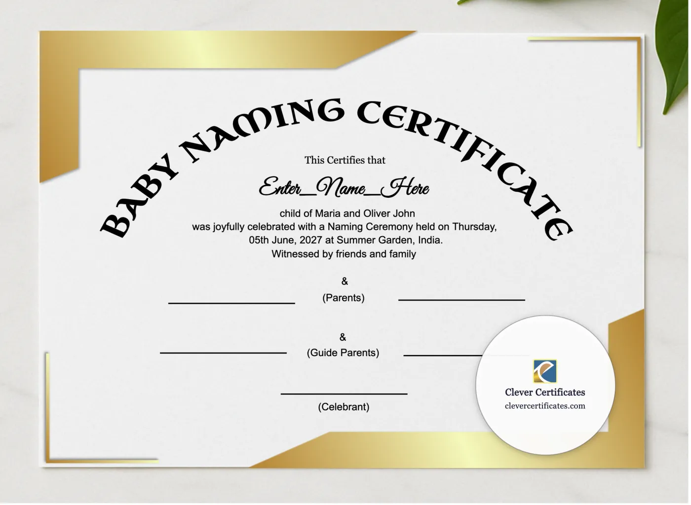 Modern Minimalist Baby Naming Certificate presented in a sleek wooden frame, elegantly arranged on a stylish table.