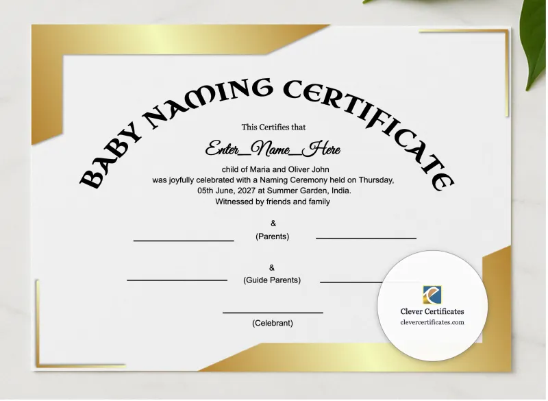 Modern Minimalist Baby Naming Certificate presented in a sleek wooden frame, elegantly arranged on a stylish table.