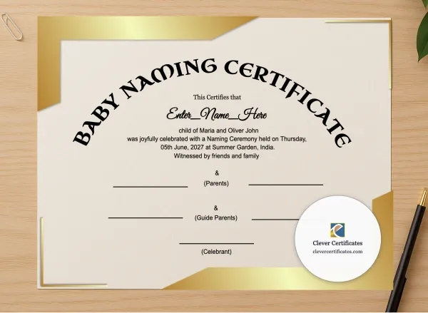 Professional preview of Modern Minimalist Baby Naming Certificate certificate on high-quality stationery paper, ideal for showcasing the final look.