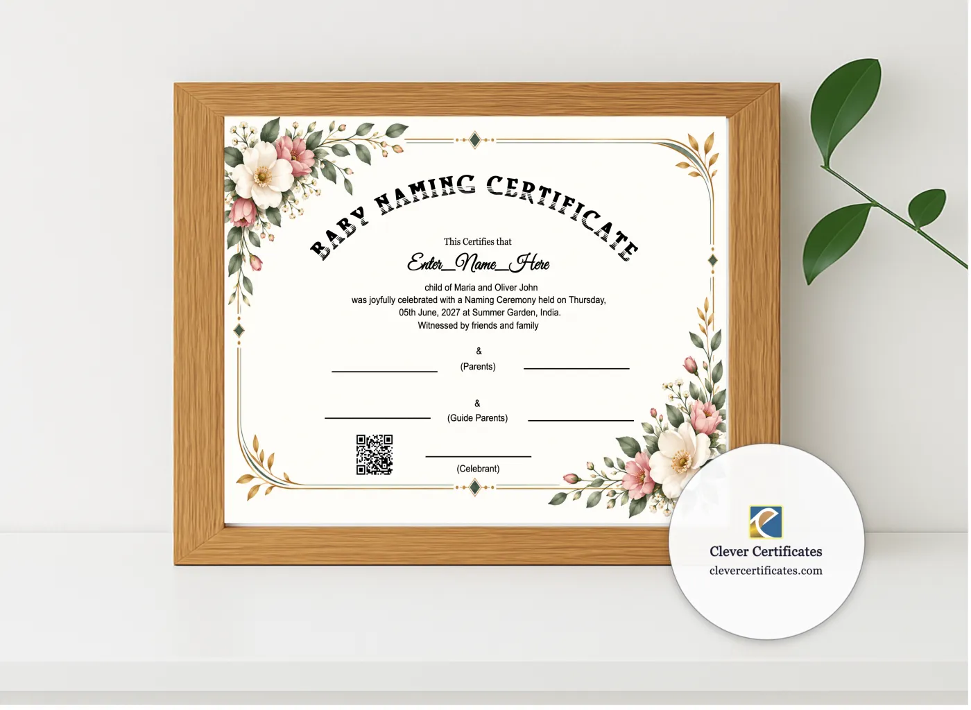 Realistic mockup featuring Premium Baby Naming Certificate With QR Verification displayed within a modern frame, set against a minimalistic background.
