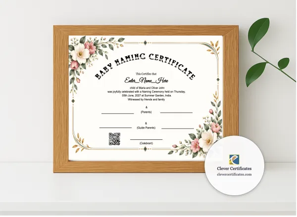 Realistic mockup featuring Premium Baby Naming Certificate With QR Verification displayed within a modern frame, set against a minimalistic background.