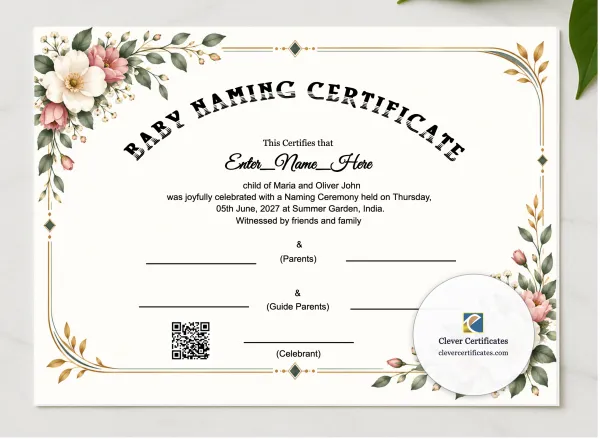 Premium Baby Naming Certificate With QR Verification presented in a sleek wooden frame, elegantly arranged on a stylish table.