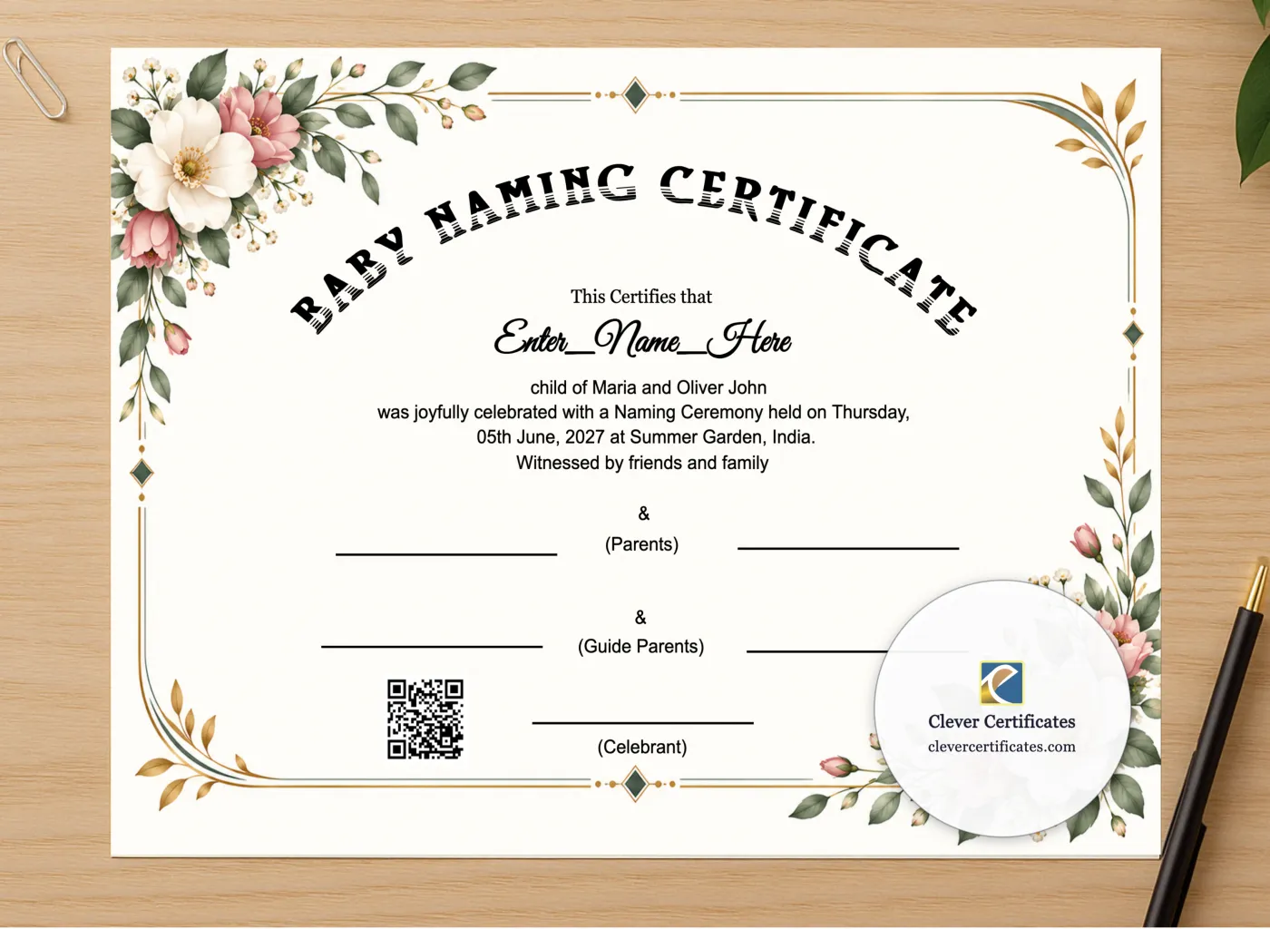Professional preview of Premium Baby Naming Certificate With QR Verification certificate on high-quality stationery paper, ideal for showcasing the final look.