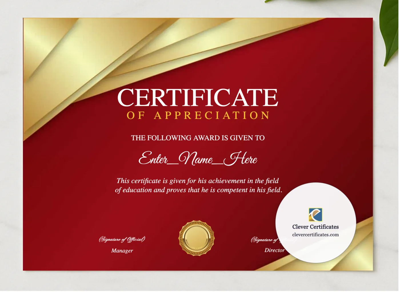 Employee Appreciation Award Certificate presented in a sleek wooden frame, elegantly arranged on a stylish table.