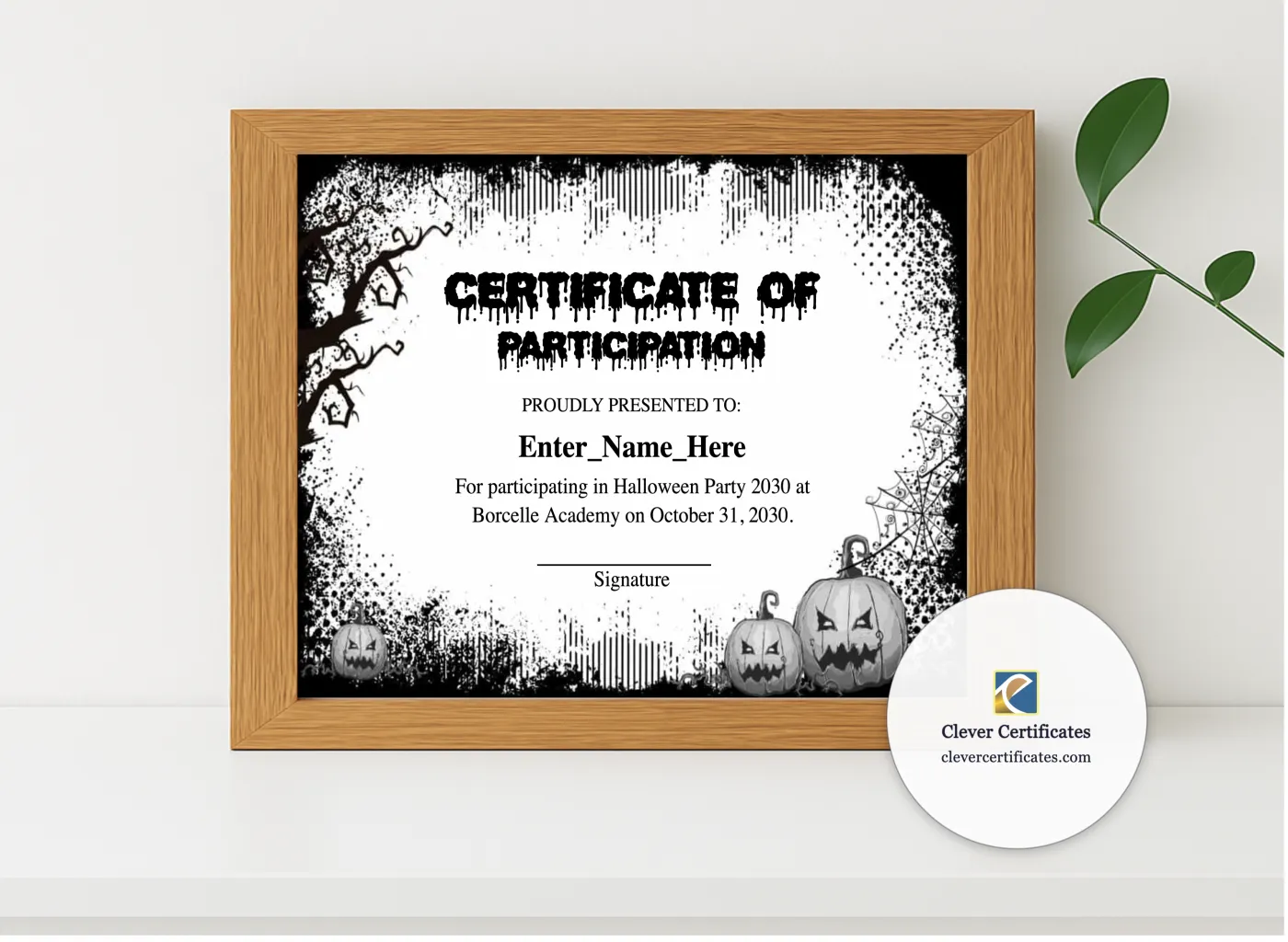 Realistic mockup featuring Halloween Party Award Certificate displayed within a modern frame, set against a minimalistic background.
