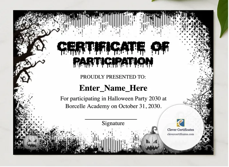 Halloween Party Award Certificate presented in a sleek wooden frame, elegantly arranged on a stylish table.