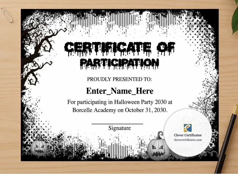 Professional preview of Halloween Party Award Certificate certificate on high-quality stationery paper, ideal for showcasing the final look.
