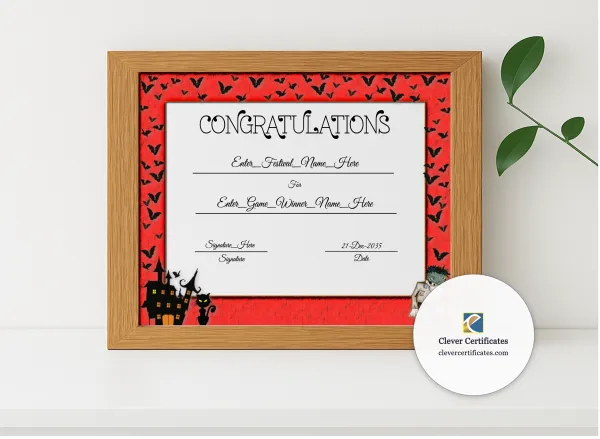 Realistic mockup featuring Fall Festival Award Certificate displayed within a modern frame, set against a minimalistic background.