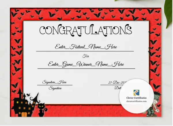 Fall Festival Award Certificate presented in a sleek wooden frame, elegantly arranged on a stylish table.