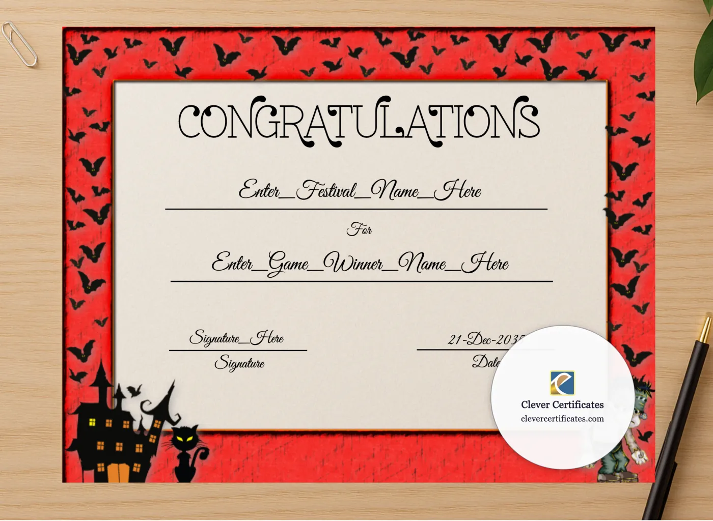 Professional preview of Fall Festival Award Certificate certificate on high-quality stationery paper, ideal for showcasing the final look.