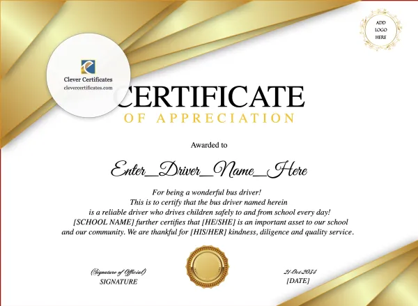 Free School Bus Driver Appreciation Certificate